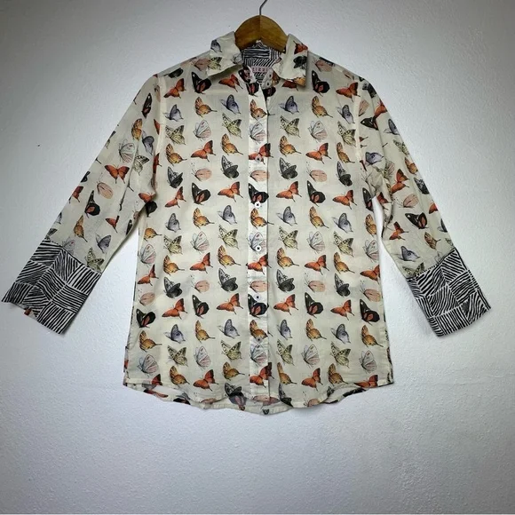 TIZZIE 100% COTTON 3/4 SLEEVE ROME SHIRT NEUTRAL BUTTERFLIES VOILE - Picture 2 of 14